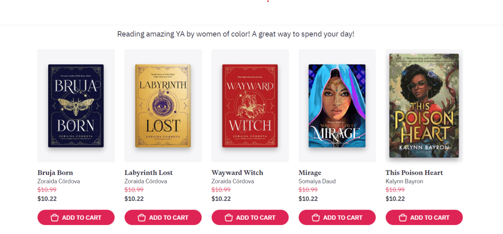 Screenshot from the Women of Color Writers' Circle bookshop showcasing YA by women of color.