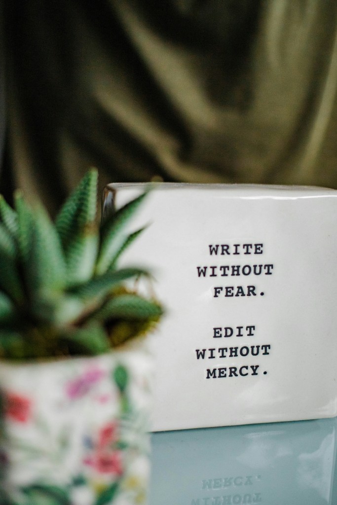 Image of a plant with a plaque that says "Write without fear" and "Edit without mercy"