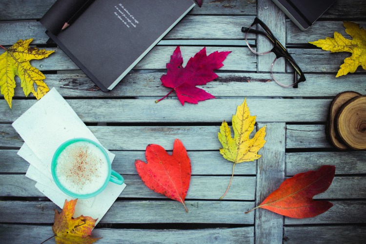 A table that has leaves, a cup of coffee, glasses and a book beside it. 